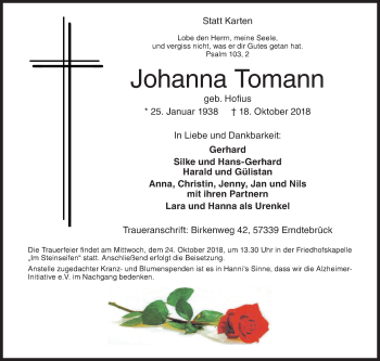 Traueranzeige von Johanna Tomann von Siegener Zeitung