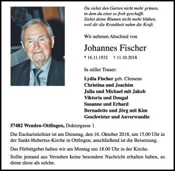 Traueranzeige von Johannes Fischer von Siegener Zeitung