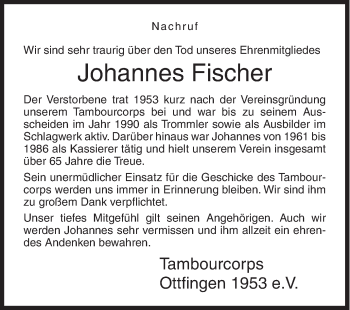 Traueranzeige von Johannes Fischer von Siegener Zeitung