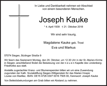 Traueranzeige von Joseph Kauke von Siegener Zeitung