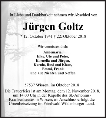 Traueranzeige von Jürgen Goltz von Siegener Zeitung