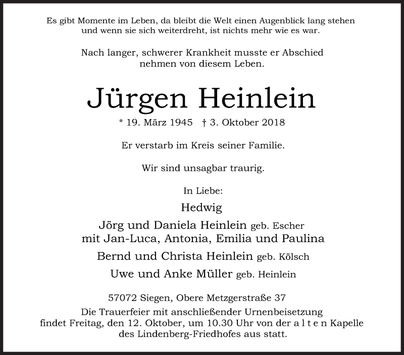  Traueranzeige für Jürgen Heinlein vom 06.10.2018 aus Siegener Zeitung