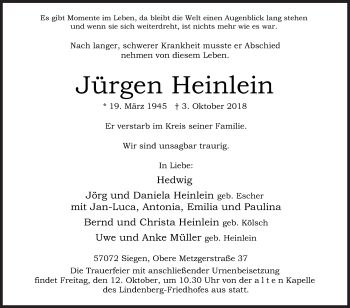Traueranzeige von Jürgen Heinlein von Siegener Zeitung