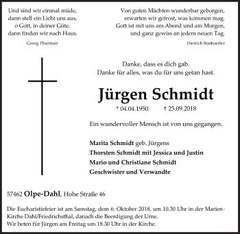Traueranzeige von Jürgen Schmidt von Siegener Zeitung