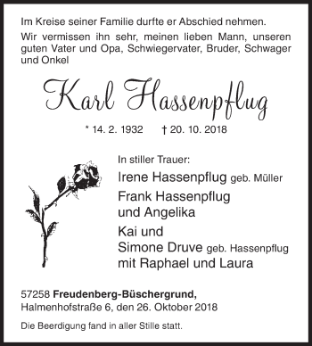 Traueranzeige von Karl Hassenpflug von Siegener Zeitung