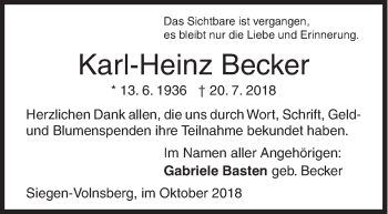 Traueranzeige von Karl-Heinz Becker von Siegener Zeitung