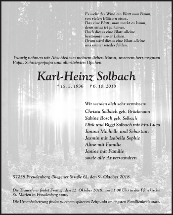 Traueranzeige von Karl-Heinz Solbach von Siegener Zeitung