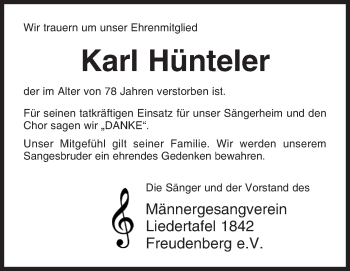 Traueranzeige von Karl Hünteler von Siegener Zeitung
