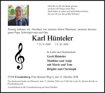 Traueranzeige von Karl Hünteler von Siegener Zeitung