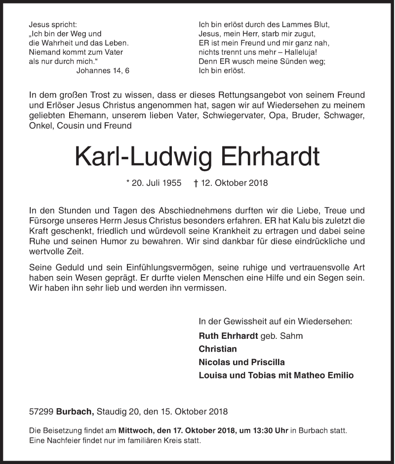  Traueranzeige für Karl-Ludwig Ehrhardt vom 15.10.2018 aus Siegener Zeitung
