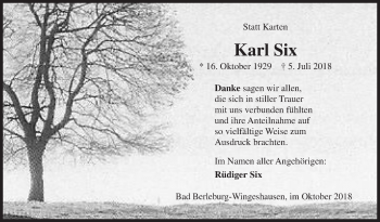Traueranzeige von Karl Six von Siegener Zeitung
