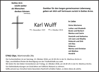 Traueranzeige von Karl Wulff von Siegener Zeitung