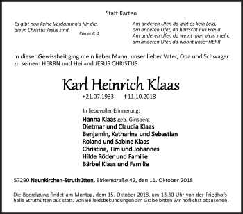 Traueranzeige von Karl Heinrich Klaas von Siegener Zeitung