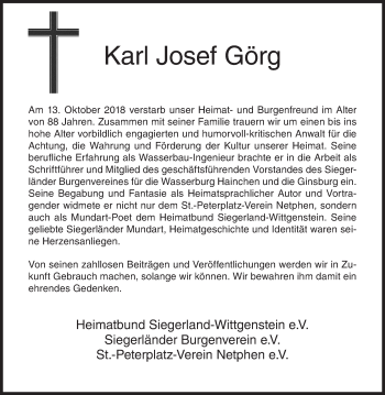 Traueranzeige von Karl Josef Görg von Siegener Zeitung