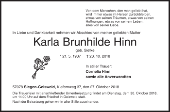 Traueranzeige von Karla Brunhilde Hinn von Siegener Zeitung