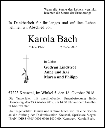 Traueranzeige von Karola Bach von Siegener Zeitung