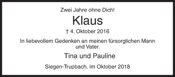 Traueranzeige von Klaus Bauch von Siegener Zeitung