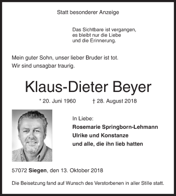 Traueranzeige von Klaus-Dieter Beyer von Siegener Zeitung