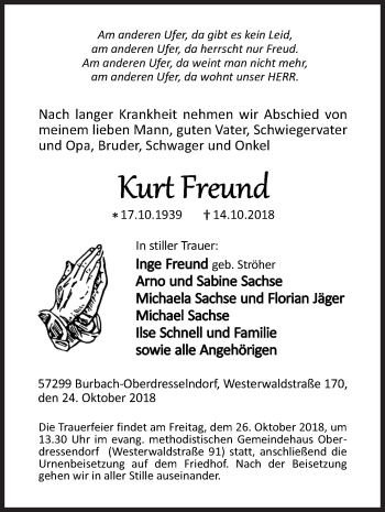 Traueranzeige von Kurt Freund von Siegener Zeitung