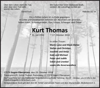 Traueranzeige von Kurt Thomas von Siegener Zeitung