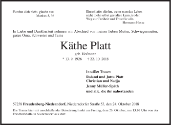 Traueranzeige von Käthe Platt von Siegener Zeitung