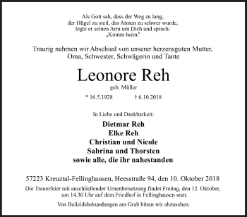 Traueranzeige von Leonore Reh von Siegener Zeitung