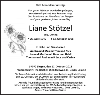 Traueranzeige von Liane Stötzel von Siegener Zeitung