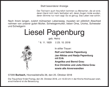 Traueranzeige von Liesel Papenburg von Siegener Zeitung