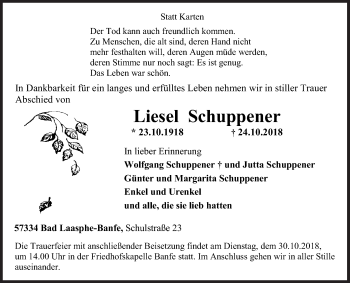 Traueranzeige von Liesel Schuppener von Siegener Zeitung