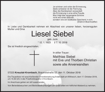 Traueranzeige von Liesel Siebel von Siegener Zeitung