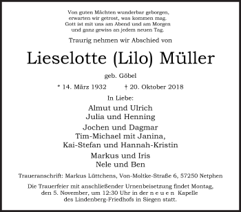 Traueranzeige von Lieselotte Lilo Müller von Siegener Zeitung