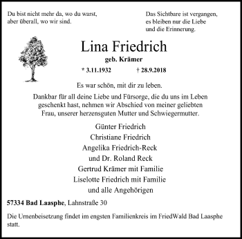 Traueranzeige von Lina Friedrich von Siegener Zeitung