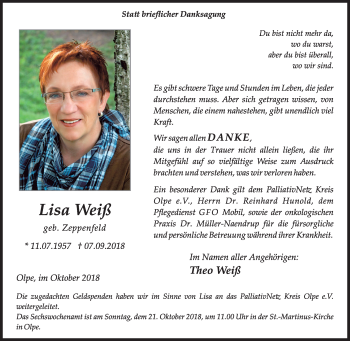 Traueranzeige von Lisa Weiß von Siegener Zeitung