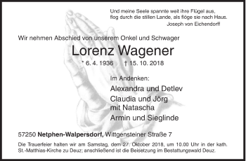 Traueranzeige von Lorenz Wagener von Siegener Zeitung