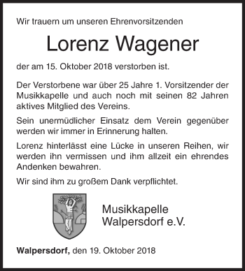 Traueranzeige von Lorenz Wagener von Siegener Zeitung