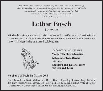 Traueranzeige von Lothar Busch von Siegener Zeitung