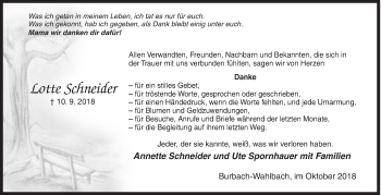 Traueranzeige von Lotte Schneider von Siegener Zeitung