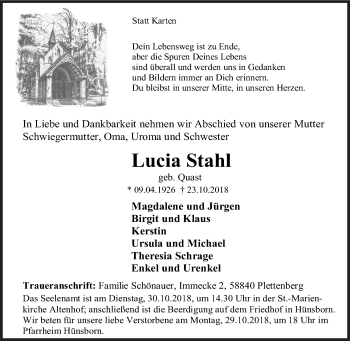 Traueranzeige von Lucia Stahl von Siegener Zeitung