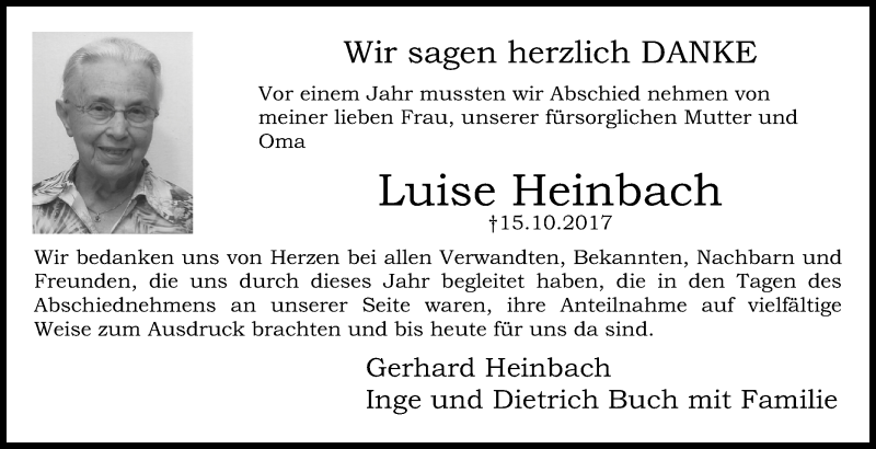  Traueranzeige für Luise Heinbach vom 15.10.2018 aus Siegener Zeitung