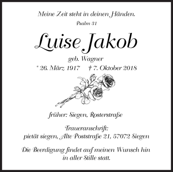 Traueranzeige von Luise Jakob von Siegener Zeitung