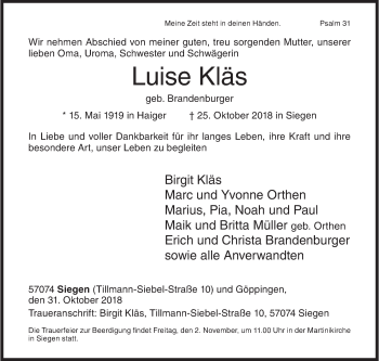 Traueranzeige von Luise Kläs von Siegener Zeitung