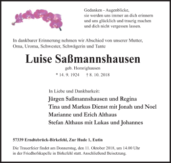 Traueranzeige von Luise Saßmannshausen von Siegener Zeitung