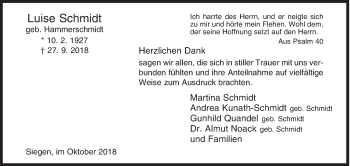 Traueranzeige von Luise Schmidt von Siegener Zeitung