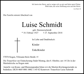 Traueranzeige von Luise Schmidt von Siegener Zeitung