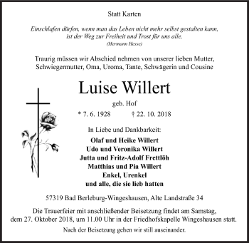 Traueranzeige von Luise Willert von Siegener Zeitung