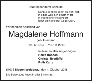 Traueranzeige von Magdalene Hoffmann von Siegener Zeitung