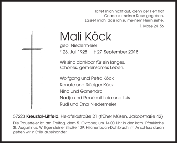 Traueranzeige von Mali Köck von Siegener Zeitung