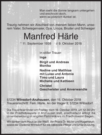 Traueranzeige von Manfred Härle von Siegener Zeitung