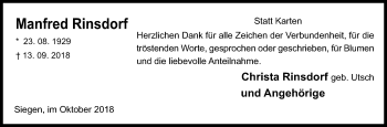 Traueranzeige von Manfred Rinsdorf von Siegener Zeitung