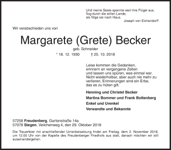 Traueranzeige von Margarete  Becker von Siegener Zeitung